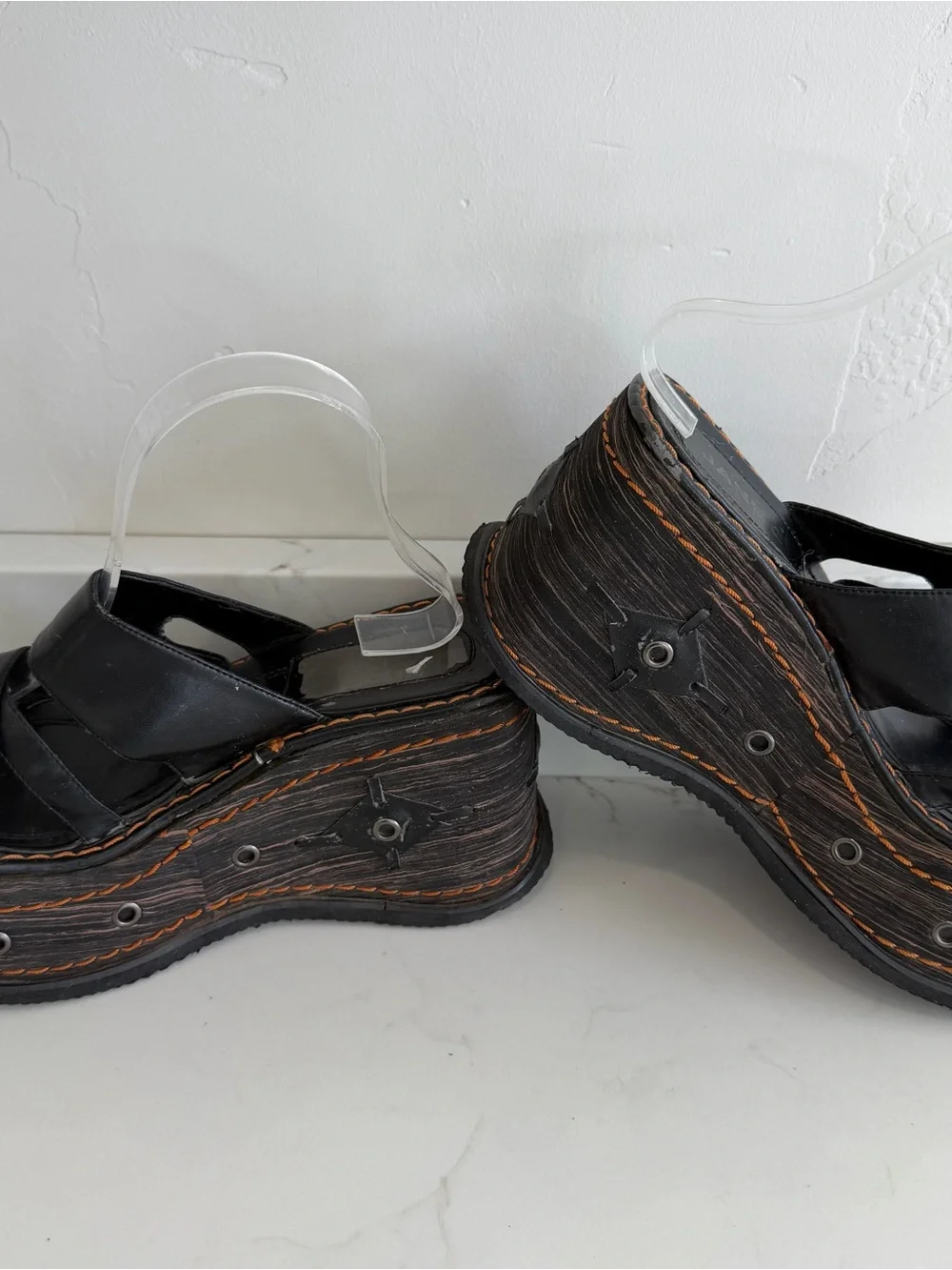 Vintage Jane C Chunky Wedge Sandals Gothic 90s Y2K Black Foam Faux Leather
